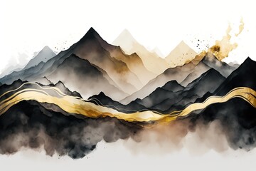 Poster - Golden mountains, sharp peaks of mountains. Beautiful, minimalist print for your decor for postcard, congratulations and poster. Generative AI