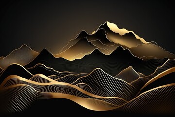 Poster - Black and gold mountain peaks on a dark background. Beautiful, minimalistic print for your decor for postcard, congratulations and poster. Generative AI