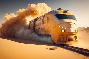 Wall Mural - futuristic cargo train of future flying through desert at speed, created with generative ai