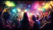 © Gelpi - Euphoric celebration of life with partygoers in a vibrant nightclub on dark background. Generative AI