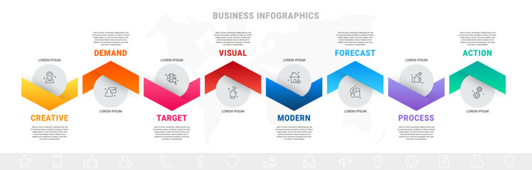 Vector business process. Modern timeline infographics with 8 options, circles, steps. Graphic vector template with eight icons