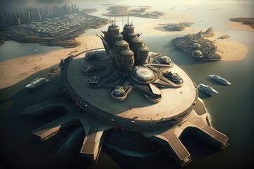 Canvas Print - future technological city and futuristic cargo port of future from above, created with generative ai