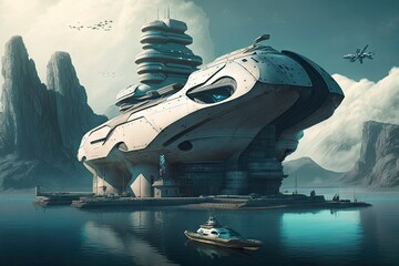 Poster - futuristic cargo port of future in form of high-tech spaceship overlooking sea, created with generative ai