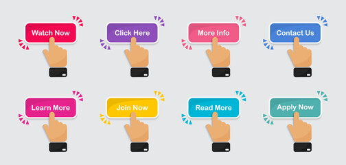 Aufkleber - Set of web buttons with hand click in a flat design. Web button collection