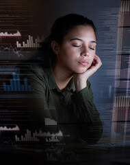 Leinwandbilder - Sleeping, hologram and woman at night in office for coding, programming and information technology. Digital screen overlay, network and tired, exhausted and sleepy female worker on computer at desk