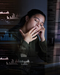 Leinwandbilder - Yawn, digital hologram and woman at night in office for coding, programming and information technology. 3d screen overlay, networking and tired, exhausted and sleepy female worker on computer at desk