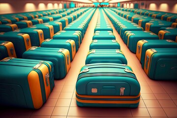 Wall Mural - suitcases lined in rows and travel bags in airport baggage claim area, created with generative ai