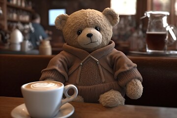Aufkleber - Teddy bear drinking tea at a cafe table. Generative AI