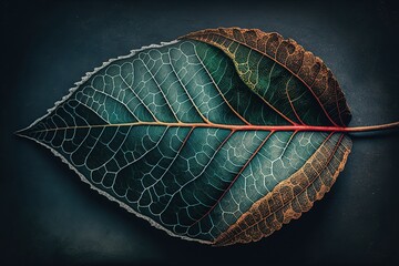 Poster - A beautiful green leaf of a tree with orange spots and veins. Generative AI