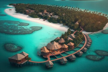 Poster - Beautiful little houses with a path leading to them on a blue water surface under a blue sky. Generative AI