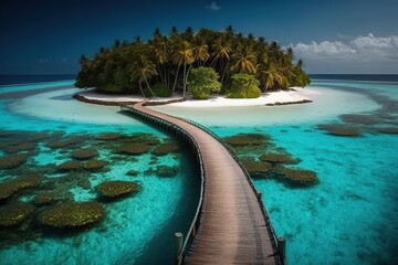 Canvas Print - Beautiful little houses with a path leading to them on a blue water surface under a blue sky. Generative AI