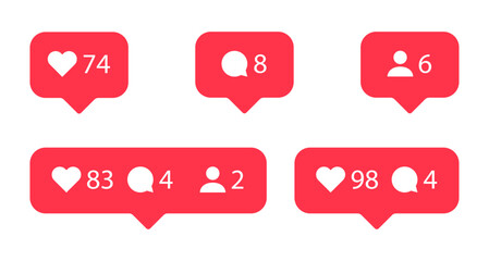 social media notification flat icons set. like, comment and follower buttons.