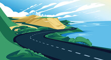 Sea Road Summer Adventure Travel. Hills, Big Water And The City. The Sky Is Cloudy. Bright Day. Vector Flat Illustration