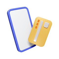 Poster - 3d Phone with credit card floating. Mobile banking and Online payment service. business financial concept. icon isolated on white background. 3d rendering illustration. Clipping path.