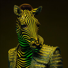 Realistic Lifelike Zebra In Fluorescent Electric Highlighters Ultra-bright Neon Outfits, Commercial, Editorial Advertisement, Surreal Surrealism. 80s Era Comeback	
