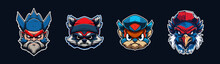 Cartoon Animal Head, Red And Blue Sport Logo Collection With White Outlined. Angry Face Of Seahawk, Raccon, Maverick And Squirrel Characters. Sport Team Mascot Set. Vector Illustration