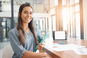 Aufkleber - Portrait, creative and smile with a designer woman at work in her office boardroom on a project. Marketing, design and happy with a young female employee working at a table or desk for advertising