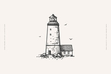 Ancient Lighthouse Building In Engraving Style. Nautical Lighthouse On Isolated Background. Symbol Of Safety Of Navigation And Tourism. Vintage Vector Illustration For Postcard, Book, Textile Design.
