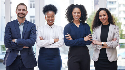 Poster - Team, portrait and proud business people in office for partnership, collaboration and support. Face, diversity and group of women with man for leadership, teamwork or professional startup mission