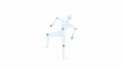 Poster - Animated humanoid robot movements. Robotics engineering. Dance automation. Flat character animation white background with alpha channel transparency. Color cartoon style 4K video footage