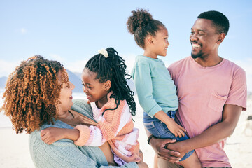 Poster - Family at the beach, happiness and love with travel, summer vacation with parents and children outdoor in nature. Holiday, tropical island and black man, woman and girl kids smile together in Bali