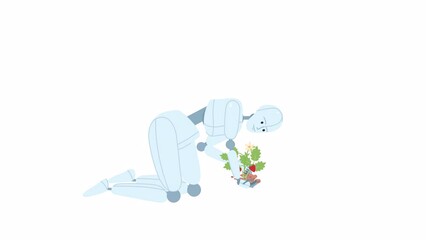 Poster - Animated robotics in horticulture. Agricultural robot planting strawberries. Flat character animation white background with alpha channel transparency. Color cartoon style 4K video footage