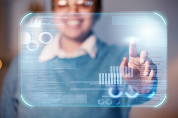 Poster - Worker, hands or hologram screen in night office on financial management, stock market trading or business growth data. Zoom, woman or finger on abstract touch for chart, graph or interactive finance