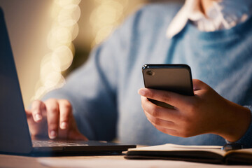 Fototapete - Woman hands, laptop or phone in night office on project management app, tax deadline or loan research planning. Zoom, worker or business on mobile communication technology in working late accounting