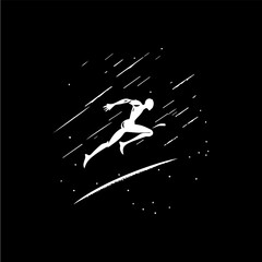 Poster - White icon of runner silhouette on black background, sport logo template, jogging or jumping modern logotype concept, t-shirts print, tattoo, infographic. Vector illustration