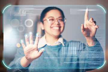 Fototapete - Woman smile, hands or hologram screen in night office on financial management, stock market trading or business growth data. Zoom, worker or finger on abstract touch for chart or interactive finance