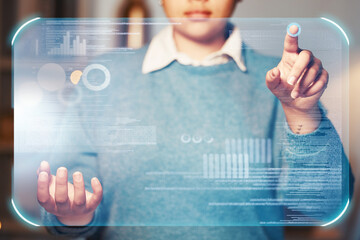 Poster - Woman, hands or hologram screen in night office on financial management, stock market trading or business growth data. Zoom, worker or finger on abstract touch for chart, graph or interactive finance