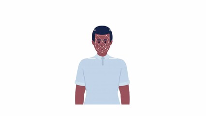 Poster - Animated scanning man face system. Employee attendance monitoring. Face recognition. Flat character animation white background with alpha channel transparency. Color cartoon style 4K video footage