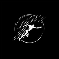 Poster - White icon of runner or jumper silhouette on black background, sport logo template, jogging or jumping modern logotype concept, t-shirts print, tattoo, infographic. Vector illustration