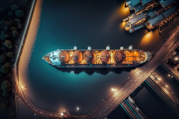  Top view of a large LNG or liquefied gas tanker carrying its cargo across seas and oceans. Safe delivery by night. AI generated illustration.