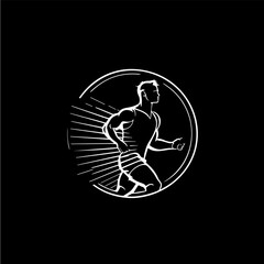 Poster - White icon of runner silhouette on black background, sport logo template, jogging modern logotype concept, t-shirts print, tattoo, infographic. Vector illustration