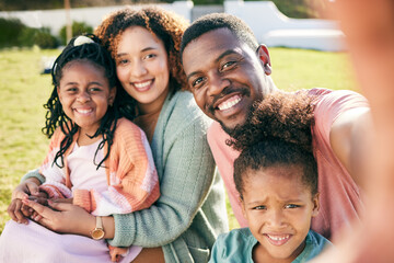 Poster - Selfie, black family and parents with kids, smile in backyard and outdoor weekend fun together. Happiness, love and sun, mother and father with happy children relax and quality time in summer garden.