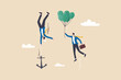Business ranking up or down, situation for success and failure, growth or losing comparison, risk or challenge concept, businessman holding balloon rising up compare to other falling down with anchor.