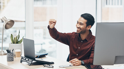 Poster - Sign and small gesture by happy businessman on a laptop, cheerful and excited in an office. Hands, emoji and little symbol by asian leader with idea for startup, mission or problem solving