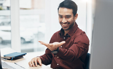 Aufkleber - Invisible hologram, hand and business man in office with gesture for user interface, virtual tech and online ai. Network, 3d technology mockup and happy male at desk for internet, research and ux