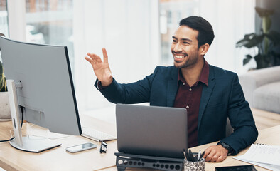 Poster - Invisible screen, technology and business man in office with hand gesture for hologram, virtual tech and ai. Computer, network mockup and happy male at desk with laptop for internet, research and ux