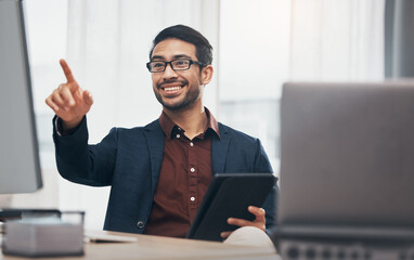 Poster - Point, computer and happy business man in office with hand touch for research, website and internet. Digital network, technology mockup and male smile at desk on tablet for software, data and online