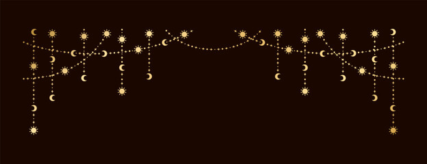 gold mystic celestial hanging garland with sun, stars, moon phases, crescents. ornate bohemian magic