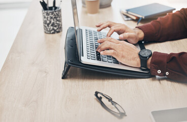 Aufkleber - Business man, hands and laptop keyboard, information technology and tech support and working in office. Typing, glitch or 404 with software update, corporate male at desk with digital problem solving