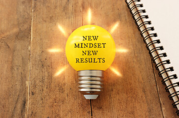 Poster - light bulb with the text new mindset in on wooden table