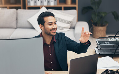 Fototapete - Virtual screen, gesture and person pointing at UX web design, app wireframe or website digital transformation. Information technology dashboard, graphic designer hud and man rendering AI media system