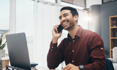Poster - Phone call communication, agent and laughing man listening to funny joke from digital business contact. Comedy humor, chat and happy person, consultant or manager talking, speaking or in conversation
