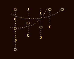 Wall Mural - Gold mystic celestial hanging garland frame corner with sun, stars, moon phases, crescents. Ornate bohemian magical curtain decorative element