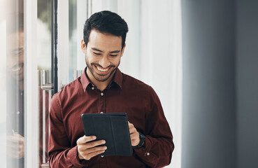 Aufkleber - Tablet, window and smile, Indian businessman, happy and reading email or funny social media meme online. Startup office, development and assessment for property design project, architect networking.