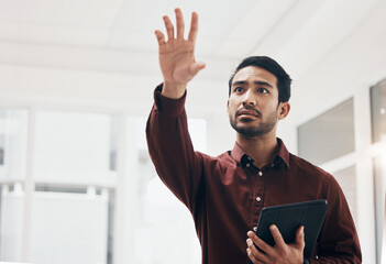 Fototapete - Virtual, tablet and person gesture at architect engineering design, cyber UI schematic or blueprint digital transformation. Floor plan screen, IOT dashboard hud and architect man remodeling office