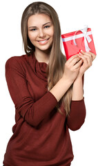 Wall Mural - Beautiful young woman holding christmas gift on white background